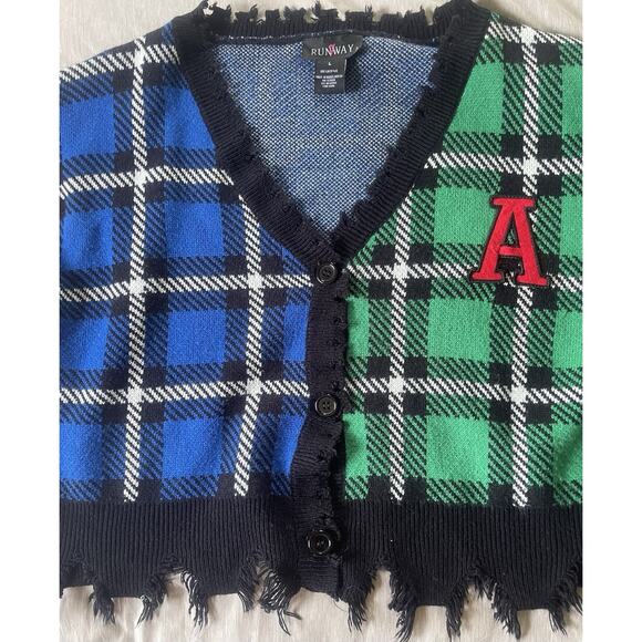 RUNWAY | Vintage Knit Varsity Cardigan Sweater | Button Up Plaid | Women Large - Picture 9 of 9